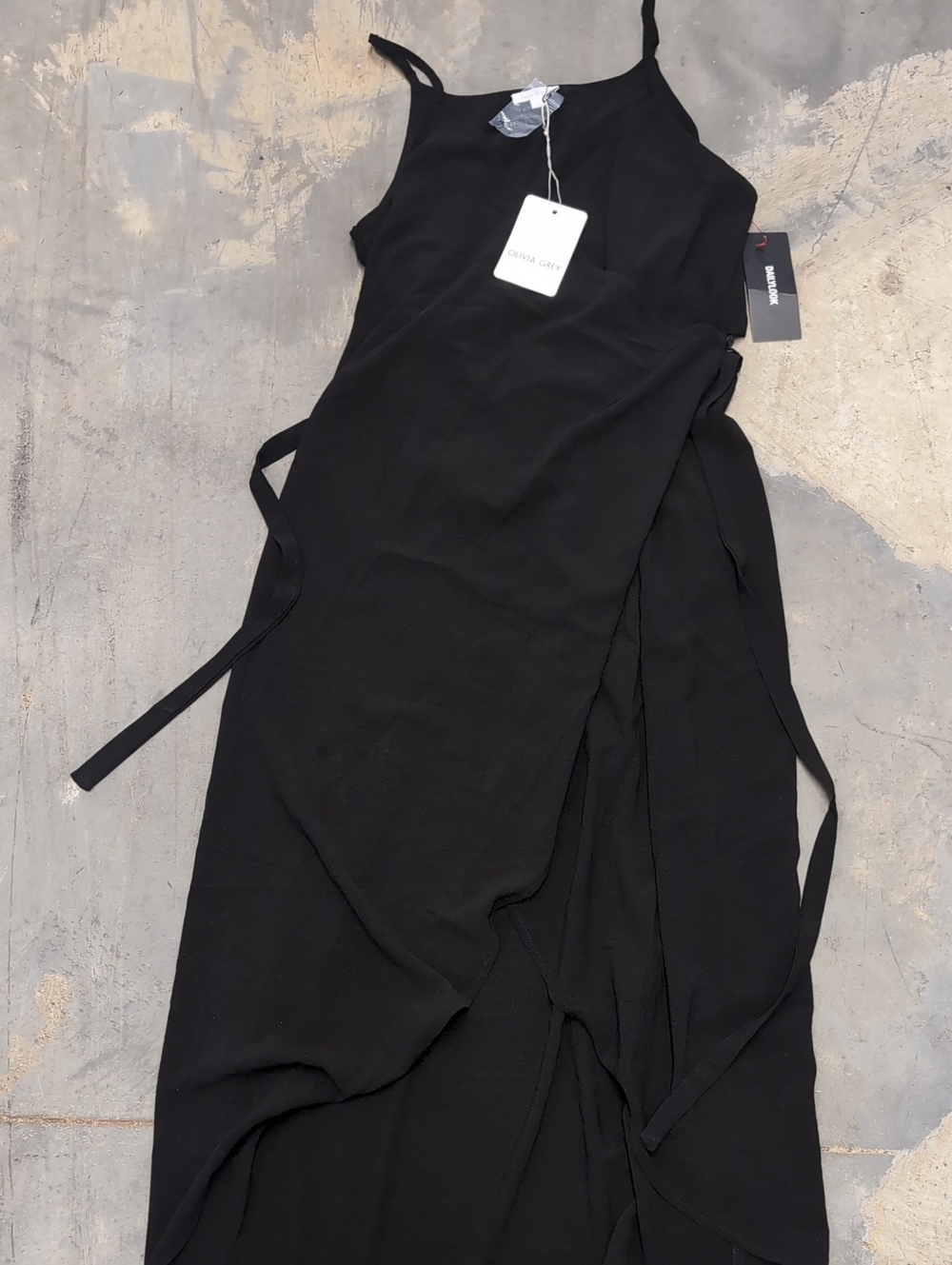 Olivia Grey Classic Black Wrap Maxi Dress with Side Ties- L